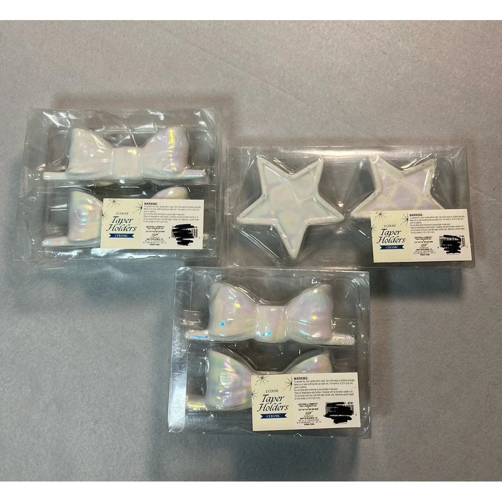 Target Bullseye 3 Sets Iridescent Taper Candle Holders Bow Shape and Stars NEW